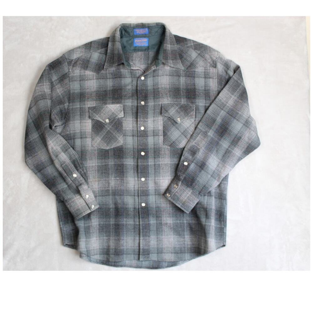 Vintage Pendleton Wool Shirt Mens XL Gray Shadow Plaid Pearl Snap Western